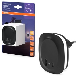Osram Lunetta Edge luce notturna da presa, nera, con porta USB-A/C e sensore.