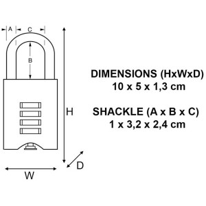 Skizze: Master Lock Zahlenschloss aus Messing, 50 mm breit, mit Maßangaben.