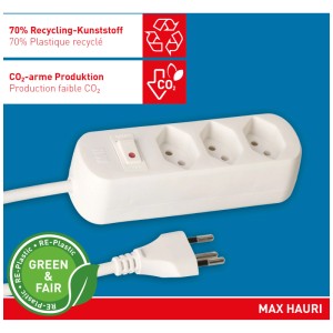Bloc multiprise blanc Max Hauri Basic Line avec 3 prises et câble de 1,5 m.