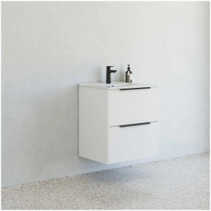 Ensemble de meubles de salle de bains Dansani NOW, blanc mat rainuré, avec lavabo et meuble sous-vasque.