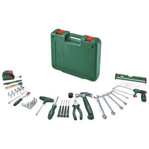Set d'outils à main Bosch vert, 63 pièces avec mallette, marteau, clés, pince et scie.
