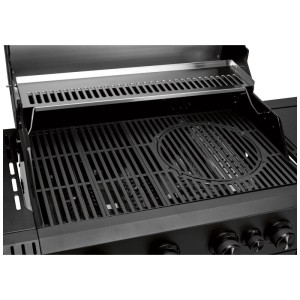 Gros plan du barbecue à gaz Jamestown Knox II avec grille en fonte et grille de maintien au chaud.