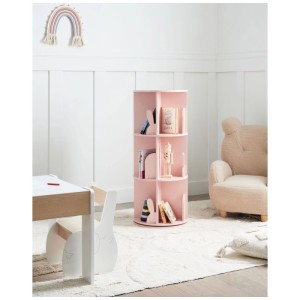 Bibliothèque enfant rotative Caney rose pastel avec motif lapin, 3 étagères, dans une chambre d'enfant.