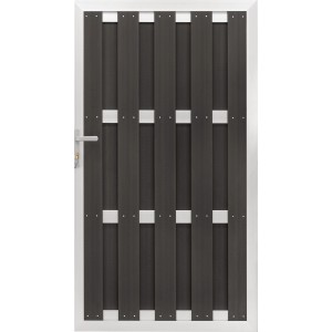 Porta WPC antracite con telaio in alluminio, 180x100 cm, per recinzione privacy.