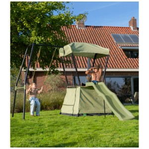 Exit Torre gioco Ivy con scivolo, altalena e tenda da gioco in verde e nero per bambini in giardino.