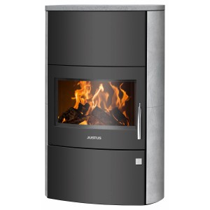 Justus Kaminofen Agero W+ mit Speckstein, schwarzer Korpus, 7 kW Leistung. Kaminofen mit Panoramascheibe.