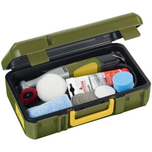 Proxxon lucidatrice angolare WP/E in valigetta con accessori come spugna per lucidare, dischi abrasivi ed emulsione lucidante.