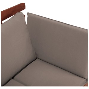 Gros plan : Banc de jardin Beliani Portici marron foncé avec coussins taupe.