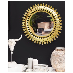 Specchio da parete dorato Vorey con motivo a foglie, Ø 60 cm. Specchio decorativo per soggiorno e camera da letto.