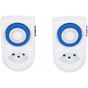 2er-Set analoge Zeitschaltuhren mit Schalter, weiß und blau, für Hausfunksteuerung.