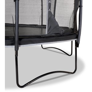 Dettaglio del trampolino nero EXIT PeakPro (Ø 366 cm) con rete di sicurezza e telaio robusto.