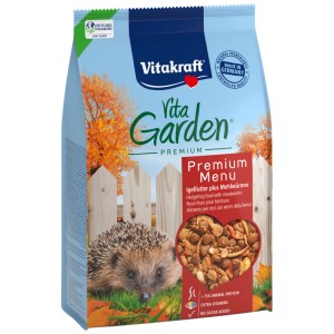 Vitakraft Premium Menu nourriture sèche pour hérissons, paquet de 600g avec hérisson et cœur de nourriture.