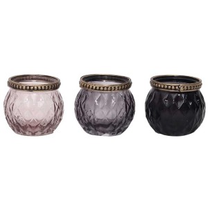 Photophore Blumau, lot de 3 en rose, violet et noir, en verre à motifs.