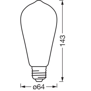Disegno tecnico lampadina Osram Matter E27 Edison, dimensioni 14,3 x 6,4 cm.