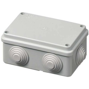 Graue Max Hauri Abzweigdose AP/IP55, 120x80x50mm, mit Kabeleinführungen für Aufputzmontage.