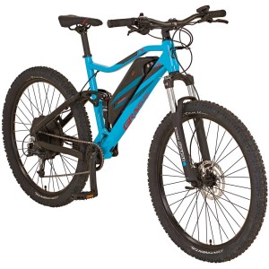 VTT électrique Prophete Graveler bleu avec pneus 27,5 pouces et fourche à suspension.