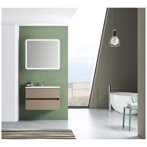 Ensemble de meubles de salle de bain Kora, couleur noisette mat, avec miroir LED et lavabo en céramique.