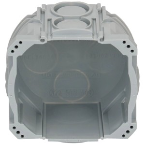 Scatola da incasso grigia in termoplastica per muratura, vista dettagliata.