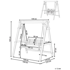 Disegno tecnico della dondolo Beliani Nerito in abete per giardino/terrazzo. Mostra dimensioni e capacità 300 kg.