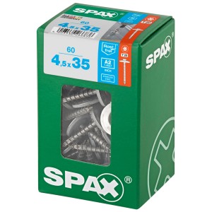 Vis Spax Spengler 4,5x35 mm, 60 pièces dans une boîte verte avec rondelle d'étanchéité.