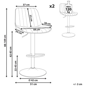 Tabourets de bar Beliani Dubrovnik, lot de 2, vert émeraude, dimensions.