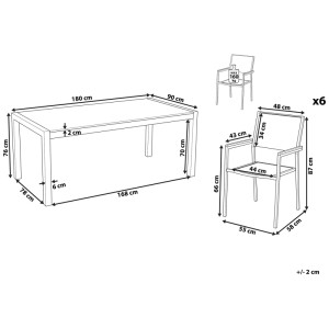Set da giardino Beliani Grosseto 7 pezzi, con dimensioni di tavolo e sedie.