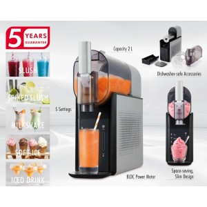 Machine à glace Trisa Slush'n'Cream : Machine à glace avec récipient, boisson dans un verre, accessoires et instructions d'utilisation.