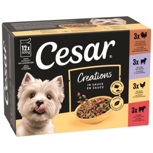 Cesar cibo umido per cani Creations in Sauce multipack, 12x 100g. Cane, cibo in ciotola. 4 gusti: tacchino, agnello, pollo, manzo.