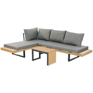Greemotion Lounge-Set Lana, 3-teilig, grau, mit Sofas, Tisch, Holzoptik und grauen Polstern.