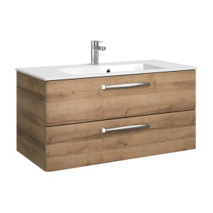 Meuble sous-vasque Pelipal Quantum Kompakt, décor chêne Riviera, largeur 105 cm, avec deux tiroirs.