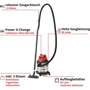 Einhell Power X-Change TC-VC 18/20 Li Solo : Aspirateur eau et poussière avec cuve en inox et accessoires.