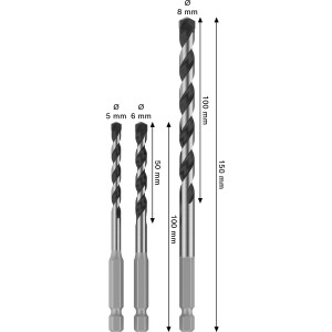 Set di punte Bosch Pro Hex-5, 3 pezzi, argento, con codolo esagonale in diverse dimensioni.