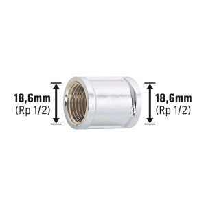 Manicotto filettato in ottone cromato 18,6 mm (Rp 1/2) per connessioni sicure dei tubi.