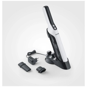 Aspirateur à main Severin HV7140 blanc et noir avec station de charge et accessoires.
