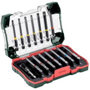 Assortiment de 15 embouts Metabo avec porte-embout à changement rapide dans une boîte ouverte.