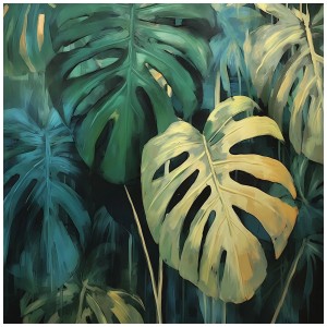 Quadro su tela dipinto a mano Monstera, 50x50 cm, foglie verdi e gialle.