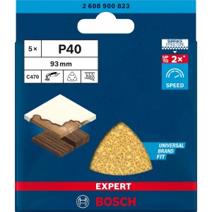 Feuilles abrasives Bosch Expert C470, 93x93mm, grain 40, lot de 5 pour ponceuses delta.
