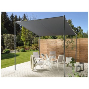 Beliani Vimino Gartenpavillon dunkelgrau mit schrägem Dach, Stahlrahmen, auf Holzterrasse mit Outdoor-Sitzgruppe.