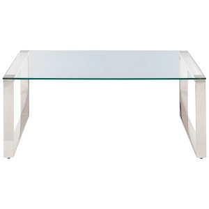 Table basse moderne Tilon avec plateau en verre et structure en acier inoxydable argenté.