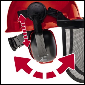 Casque forestier Einhell BG-SH 2 : détails sur le réglage du bandeau, de la protection auditive et faciale.