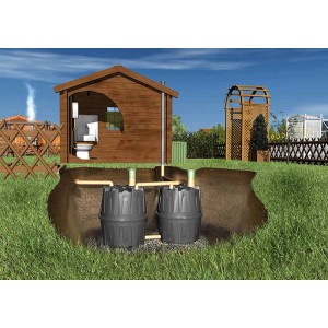 Garantia Herkules fosse septique 3200 l, deux cuves noires enterrées dans le jardin.