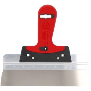 Spatule à enduire de 250 mm de large avec poignée souple rouge et lame en acier inoxydable pour le plâtrage.
