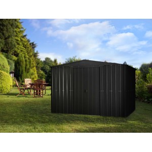 Abri de jardin en métal anthracite Globel Industries 10x8 dans un jardin.