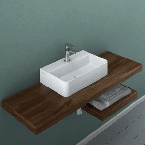 Lavabo Domberg DB2005, 46x30,5 cm, blanc, design slimline, monté sur console en bois avec robinet.