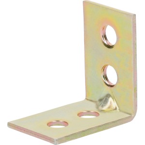 Équerre de chaise zinguée jaune 25x25x15 mm pour constructions en bois, avec trous pour un montage facile.