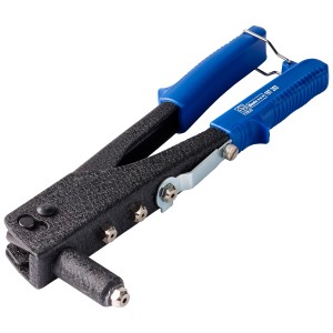 Pinza per rivetti ciechi LUX con manici blu e quattro ugelli. Pinza per rivettare.