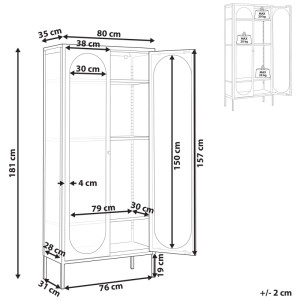 Schéma de la vitrine noire Beliani Foxton (181x80x35cm) avec dimensions.