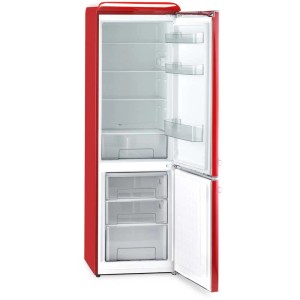Offener, roter Trisa Kühlschrank Frescolino Classic mit Fächern und Schubladen.