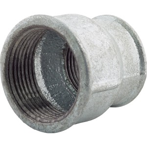 Raccord en fonte malléable grise avec deux filetages femelles (38,9 mm et 30,3 mm) pour raccordement de tuyaux.