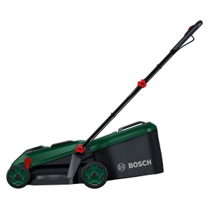 Tondeuse à batterie Bosch Rotak 18V-34 avec batterie et bac de ramassage. Idéale pour les jardins de petite et moyenne taille.